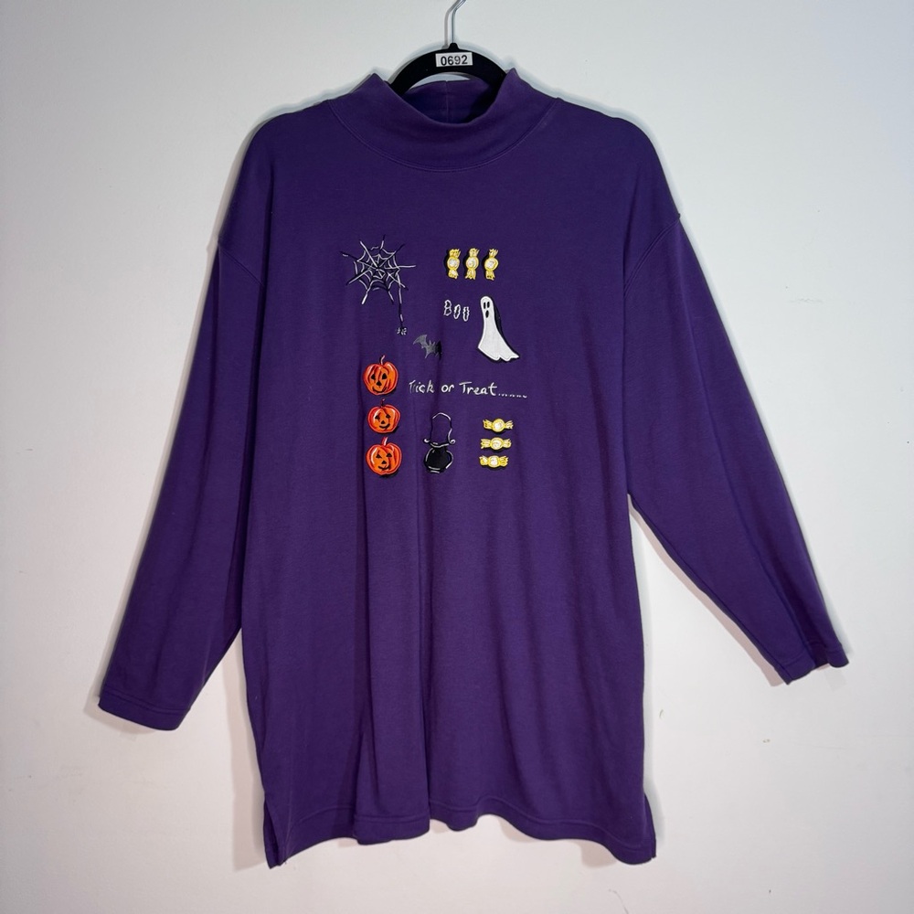 Vintage Karen Scott II Plus Size 1X Halloween Tunic Top Purple Mock Neck